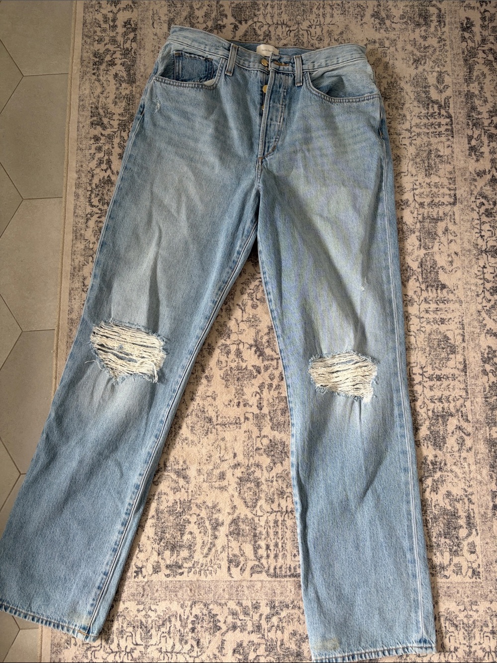 Favorite Daughter Washed Light Blue Distressed Straight-Leg Jeans